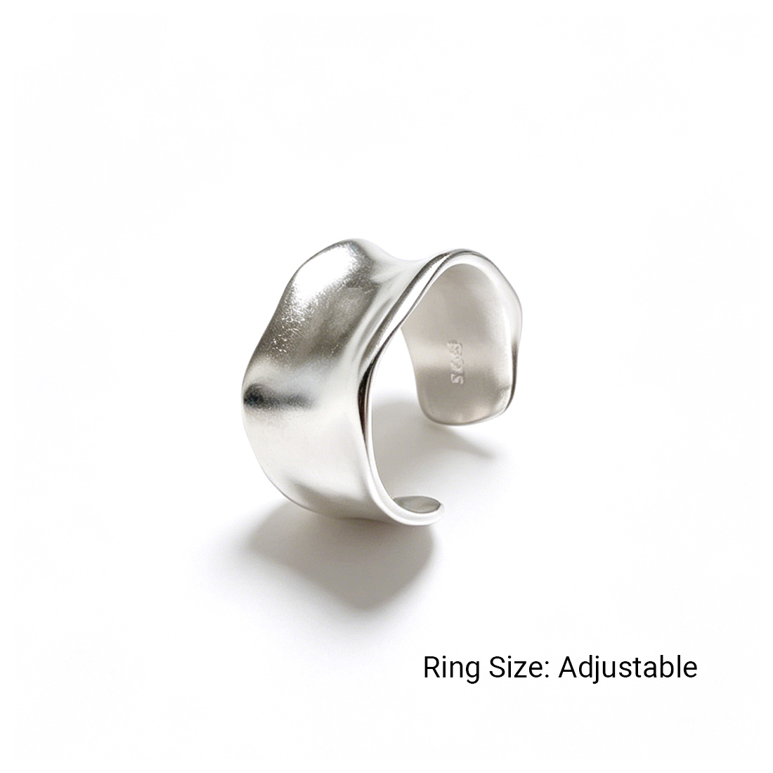 Wide Band Irregular Wave Silver Color Solid 925 Sterling Silver Adjustable Open Ring view 8