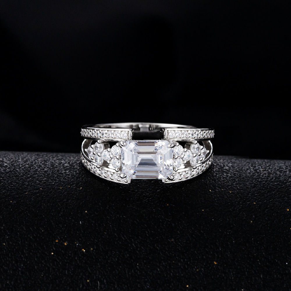 White Emerald Cut High Carbon Amazing Crystals Geometric Double Band Side Cluster 925 Sterling Silver Ring view 2