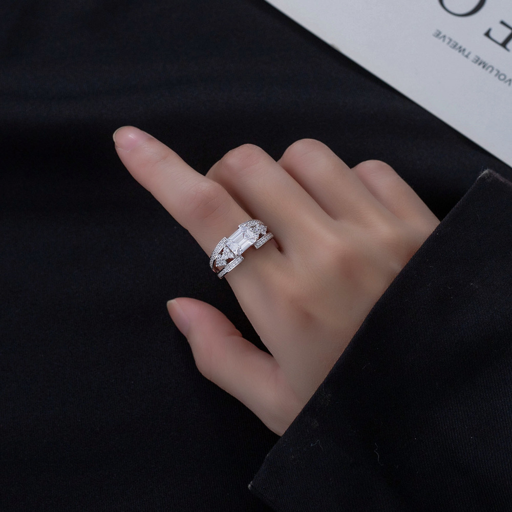 White Emerald Cut High Carbon Amazing Crystals Geometric Double Band Side Cluster 925 Sterling Silver Ring view 3