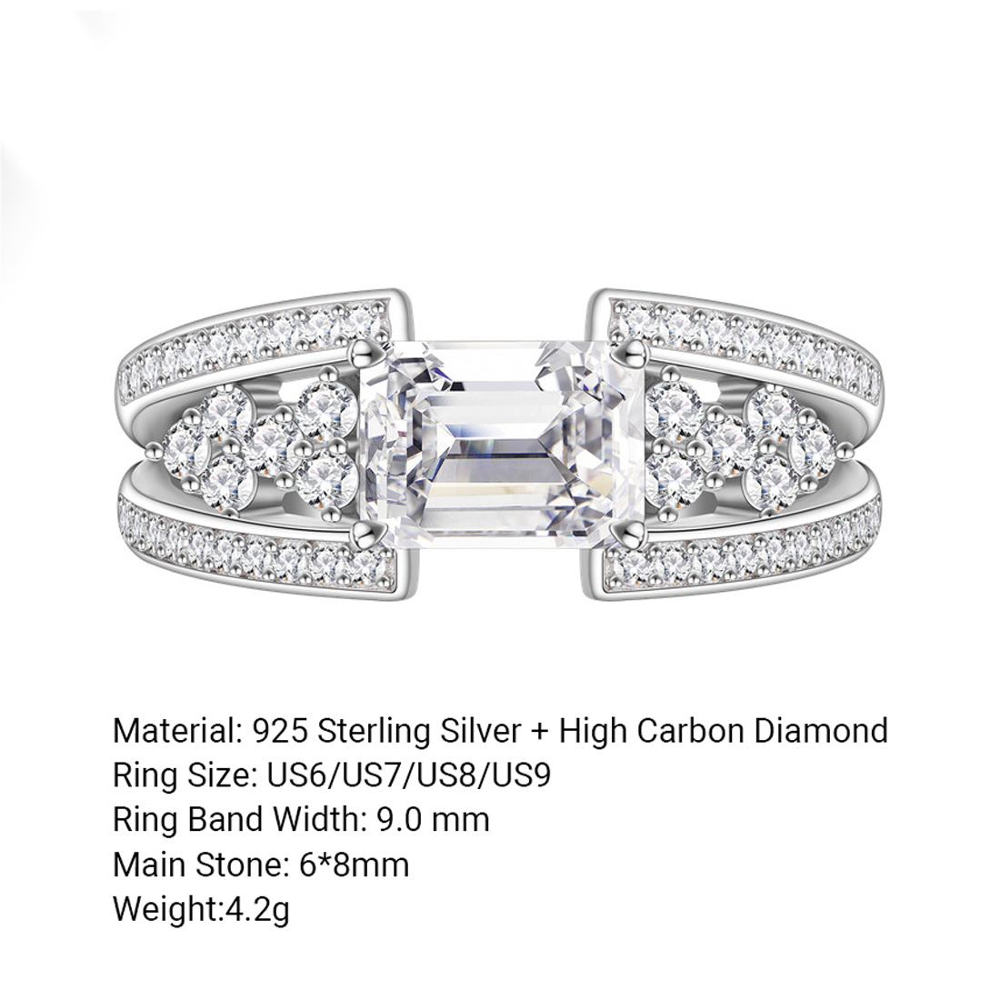 White Emerald Cut High Carbon Amazing Crystals Geometric Double Band Side Cluster 925 Sterling Silver Ring view 4