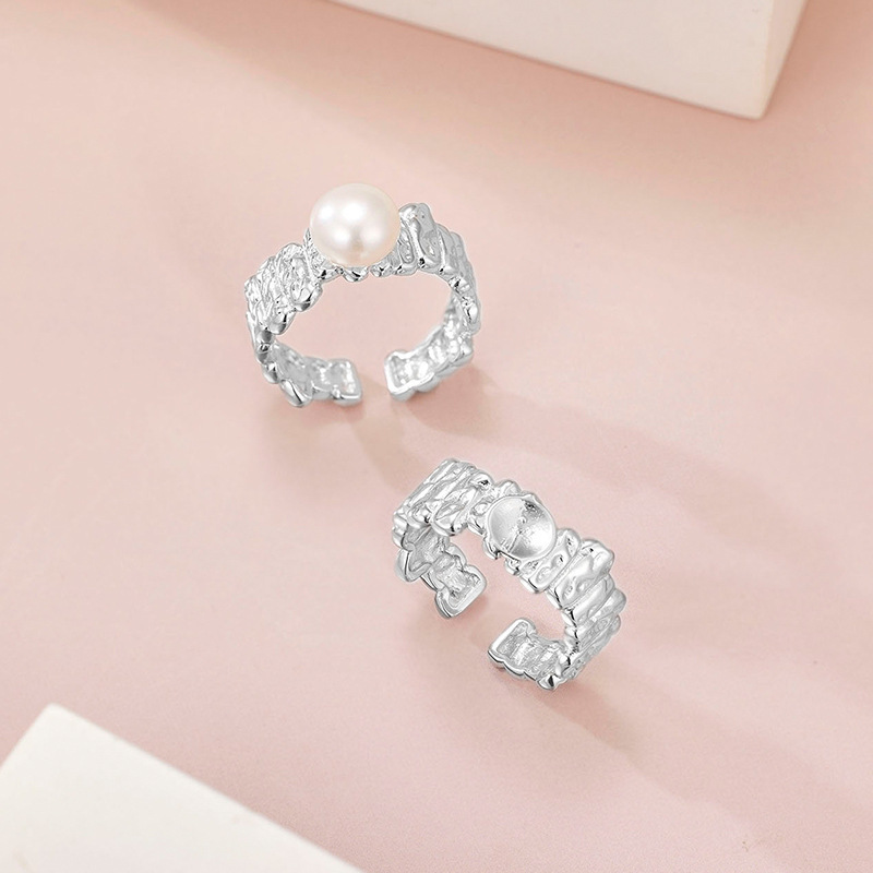 Women Modern Casual Fashion Finished Pearl Geometric Textured Band Rhodium S925 Sterling Silver Adjustable Open Ring view 2