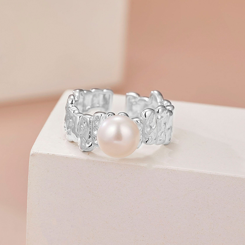 Women Modern Casual Fashion Finished Pearl Geometric Textured Band Rhodium S925 Sterling Silver Adjustable Open Ring view 4
