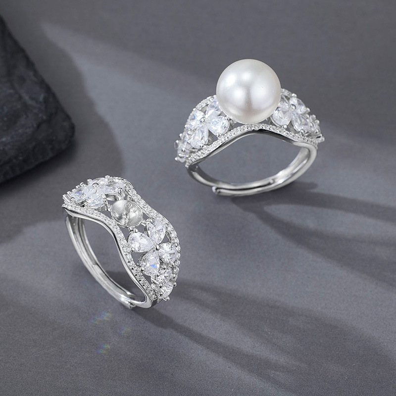 Elegant Fashion Women Floral Cluster Statement Flower Pearl Bead Amazing Crystals Solid 925 Sterling Silver Open Ring view 2