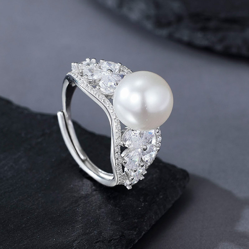 Elegant Fashion Women Floral Cluster Statement Flower Pearl Bead Amazing Crystals Solid 925 Sterling Silver Open Ring view 4