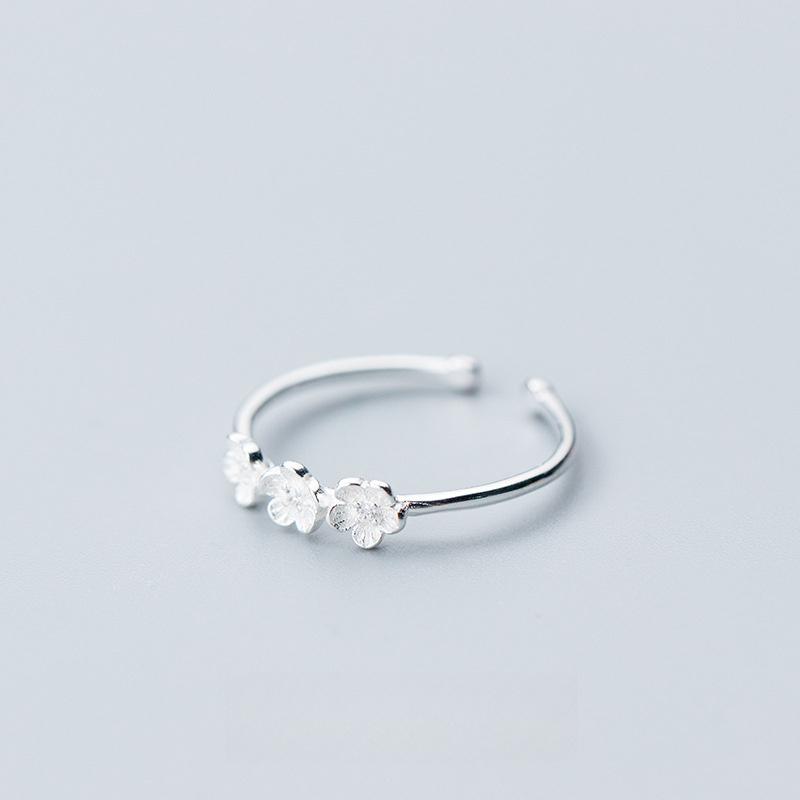 Triple Cherry Blossom Flower Amazing Crystals S925 Sterling Silver Adjustable Open Ring view 3