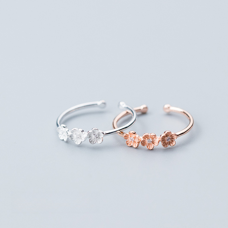 Triple Cherry Blossom Flower Amazing Crystals S925 Sterling Silver Adjustable Open Ring view 5