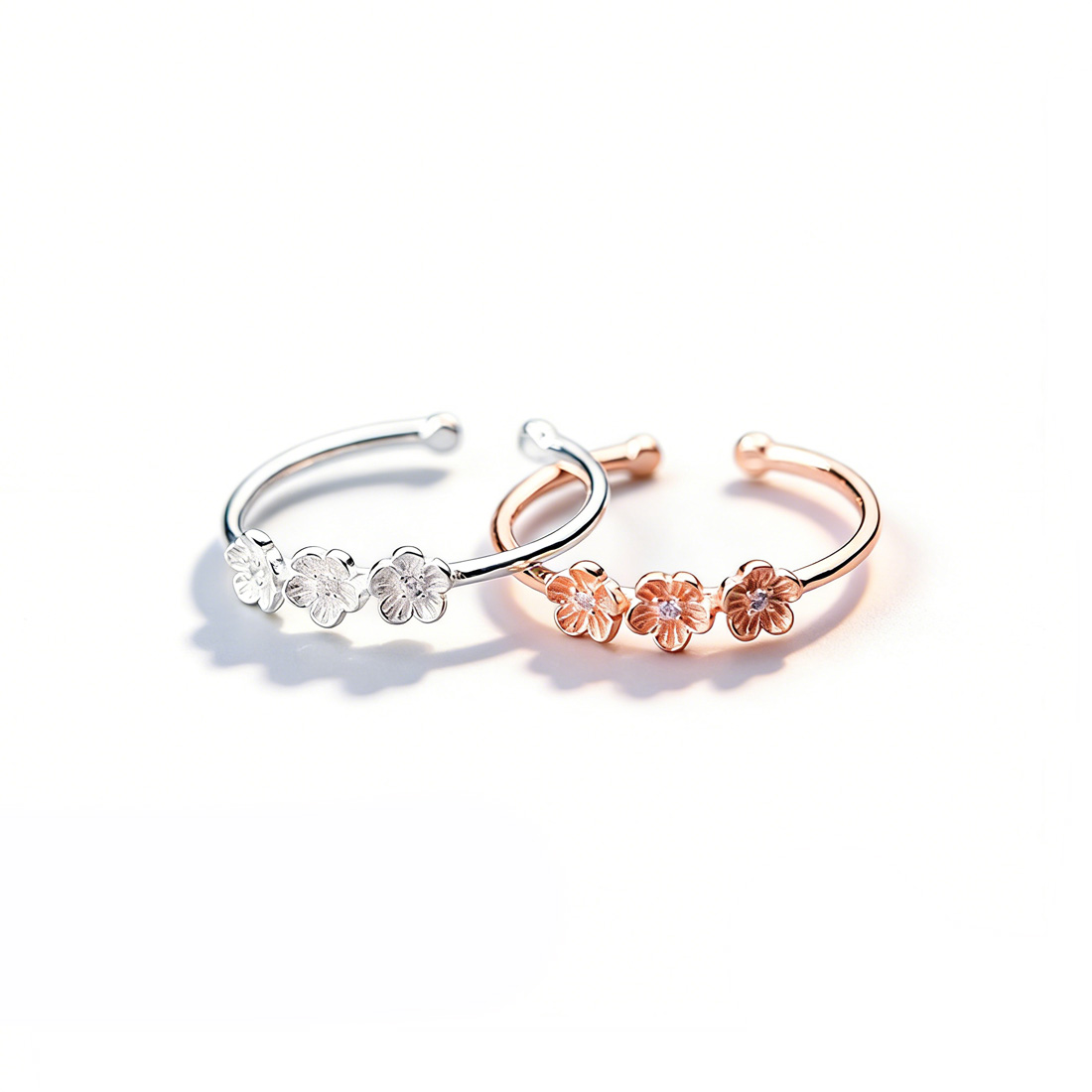 Triple Cherry Blossom Flower Amazing Crystals S925 Sterling Silver Adjustable Open Ring view 7
