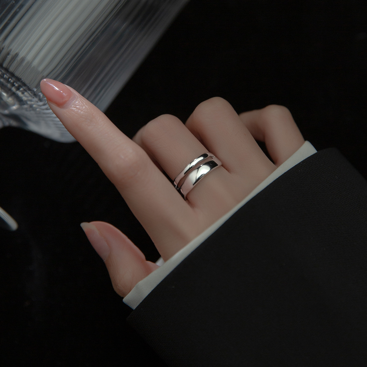 Pure Metal Minimalist Double Layer Smooth S925 Sterling Silver Open Adjustable Ring view 4