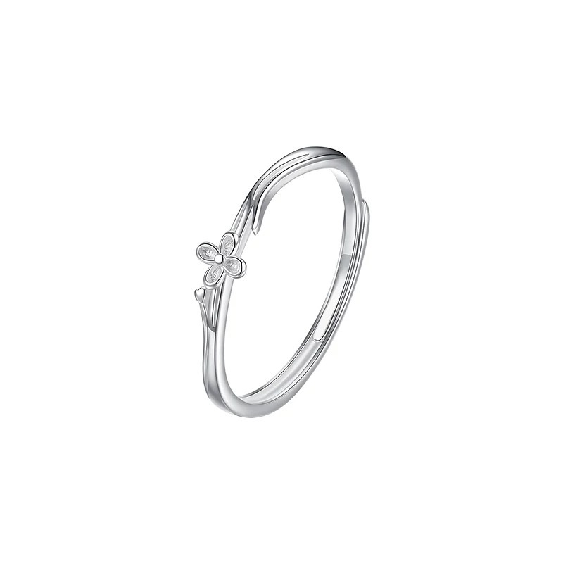 Minimalist Delicate Lilac Flower Branch Pure Metal S925 Sterling Silver Adjustable Open Ring