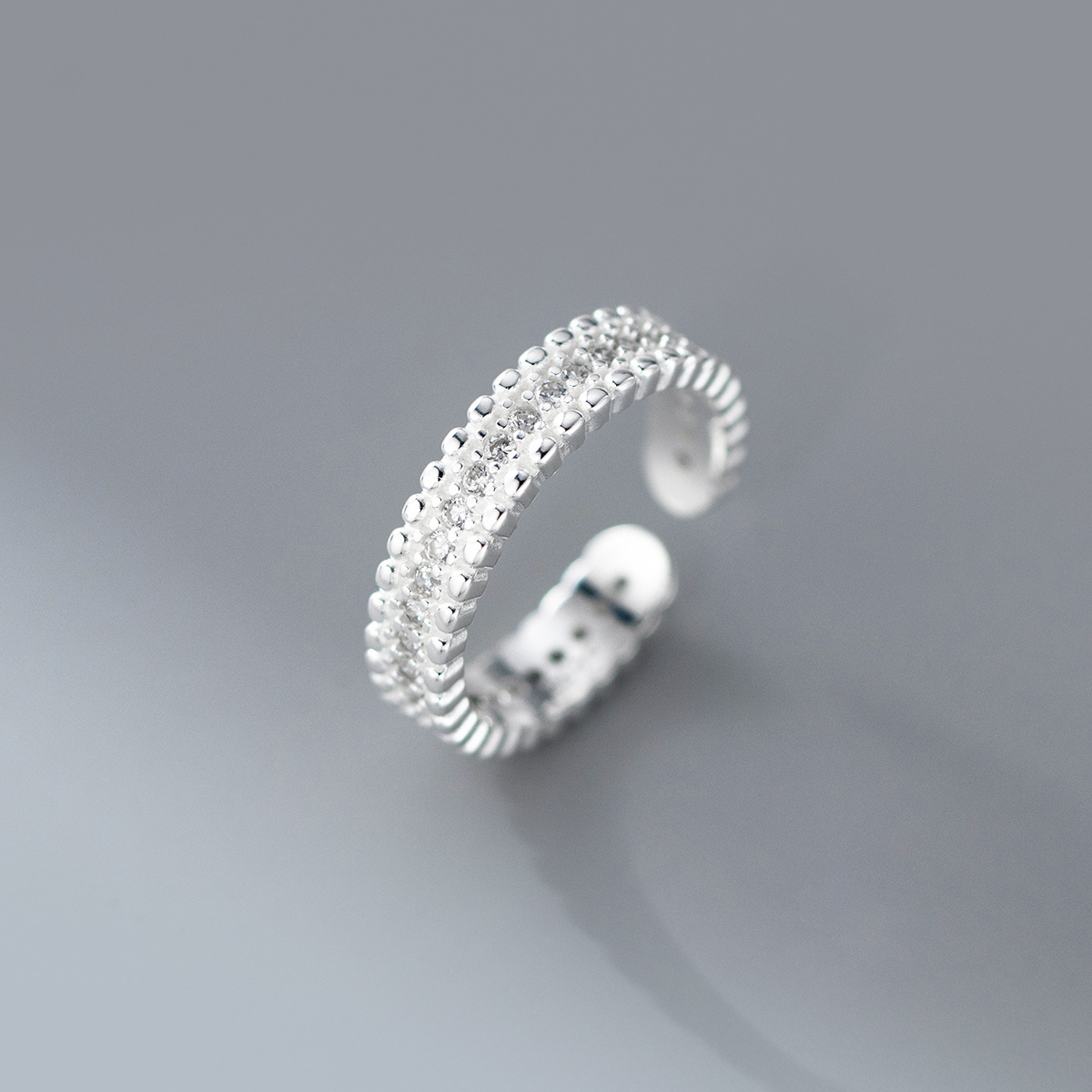Amazing Crystals Multi Row Pave Beaded Edge S925 Sterling Silver Adjustable Open Band Ring view 3