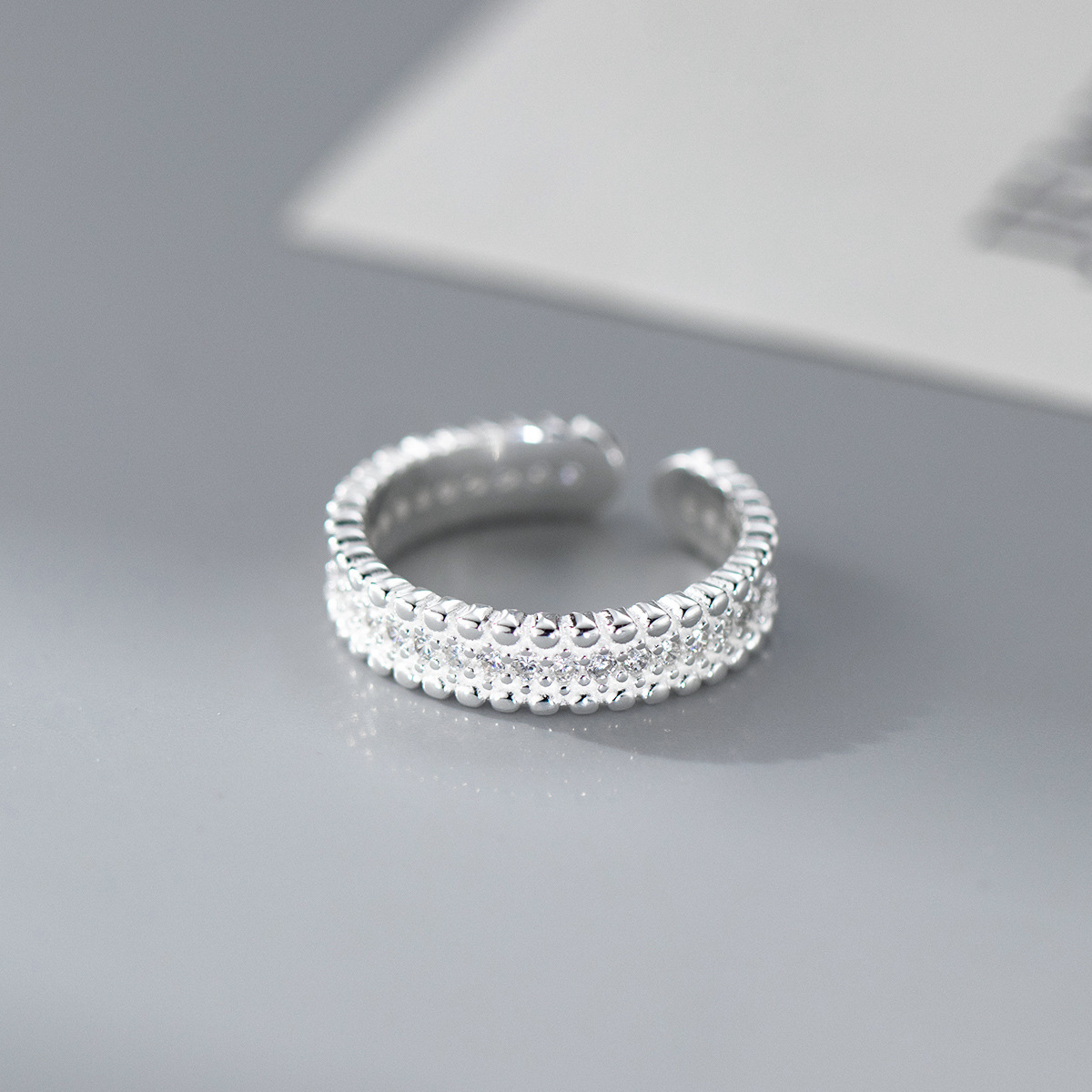 Amazing Crystals Multi Row Pave Beaded Edge S925 Sterling Silver Adjustable Open Band Ring view 4