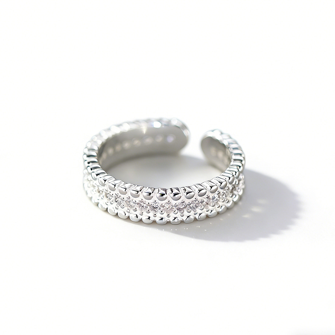 Amazing Crystals Multi Row Pave Beaded Edge S925 Sterling Silver Adjustable Open Band Ring view 6