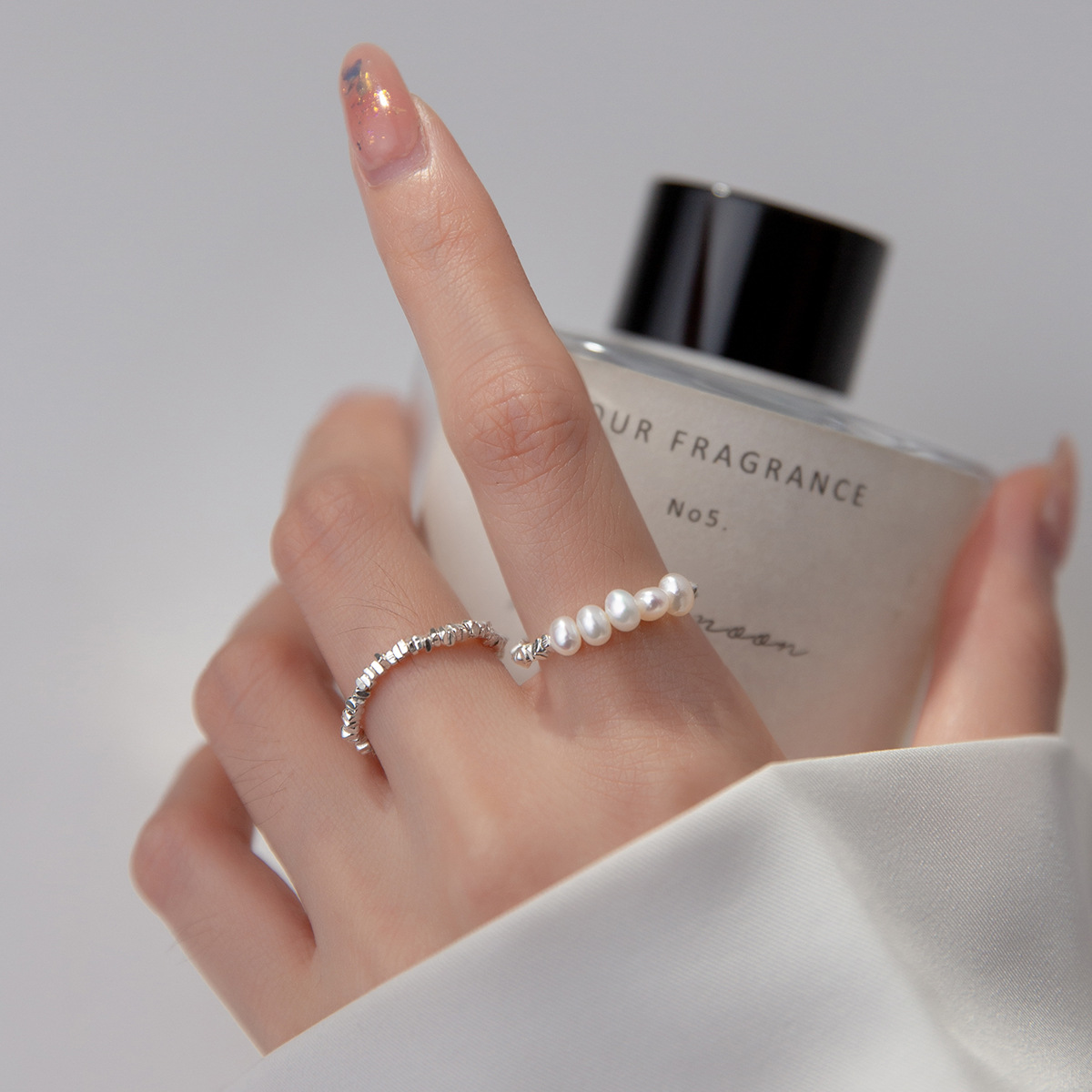 Minimalist S925 Silver Polished Irregular Chip Texture Stacking Fashion Beaded Ring view 2