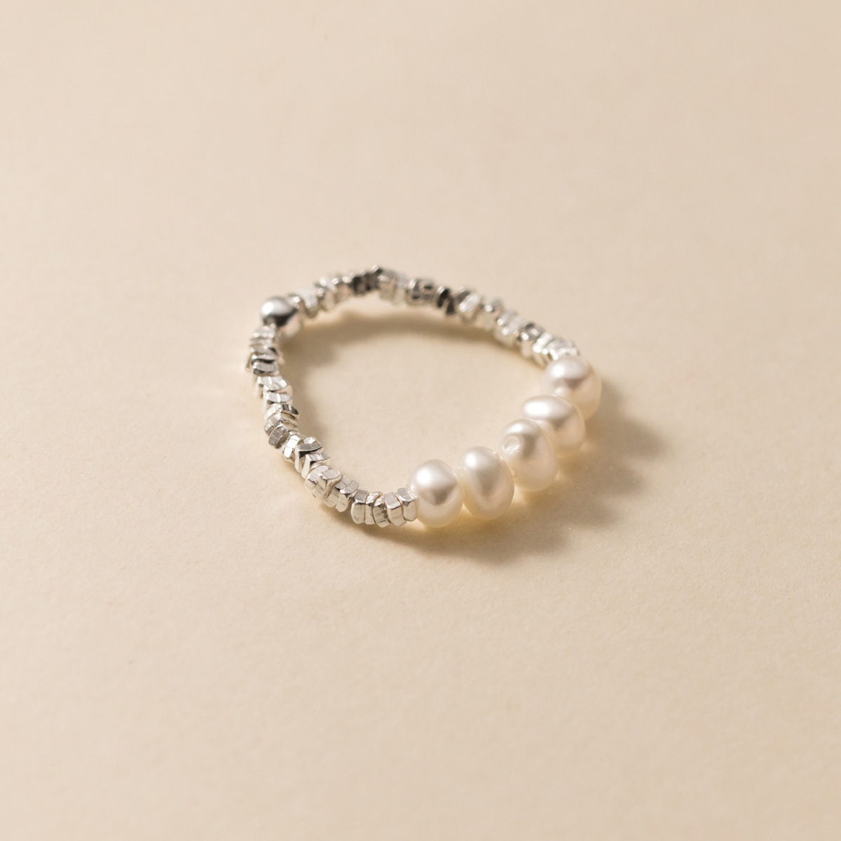 Pearl Pure Metal Textured Beaded S925 Sterling Silver Adjustable Ring view 4