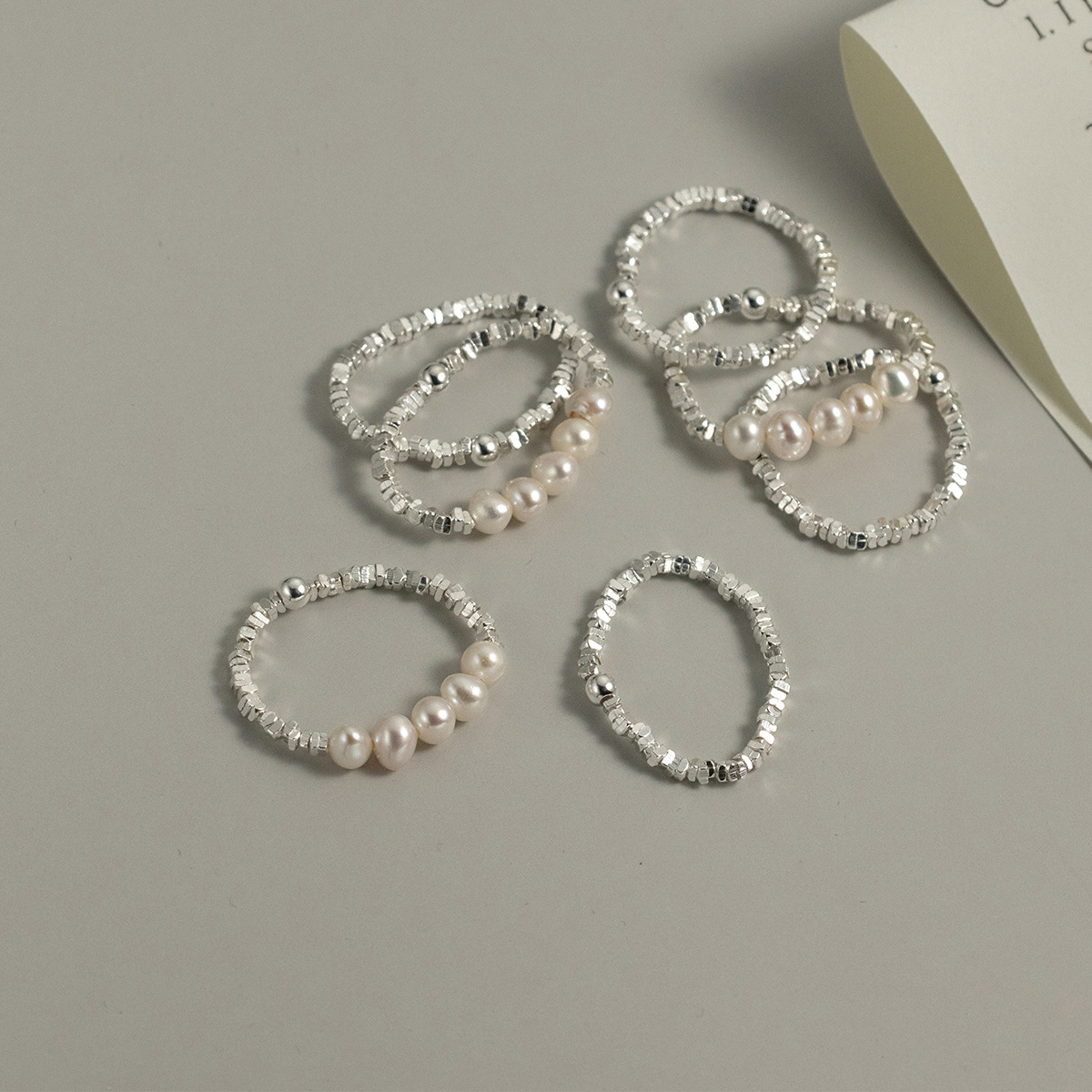 Pearl Pure Metal Minimalist S925 Sterling Silver Beaded Stackable Ring