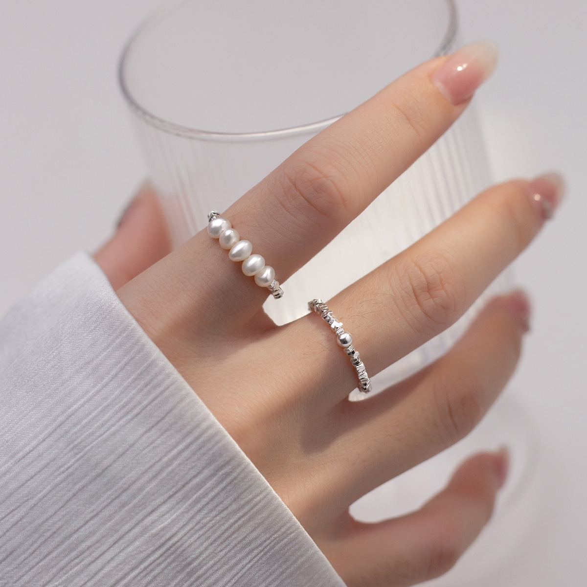 Pearl Pure Metal Minimalist S925 Sterling Silver Beaded Stackable Ring view 2