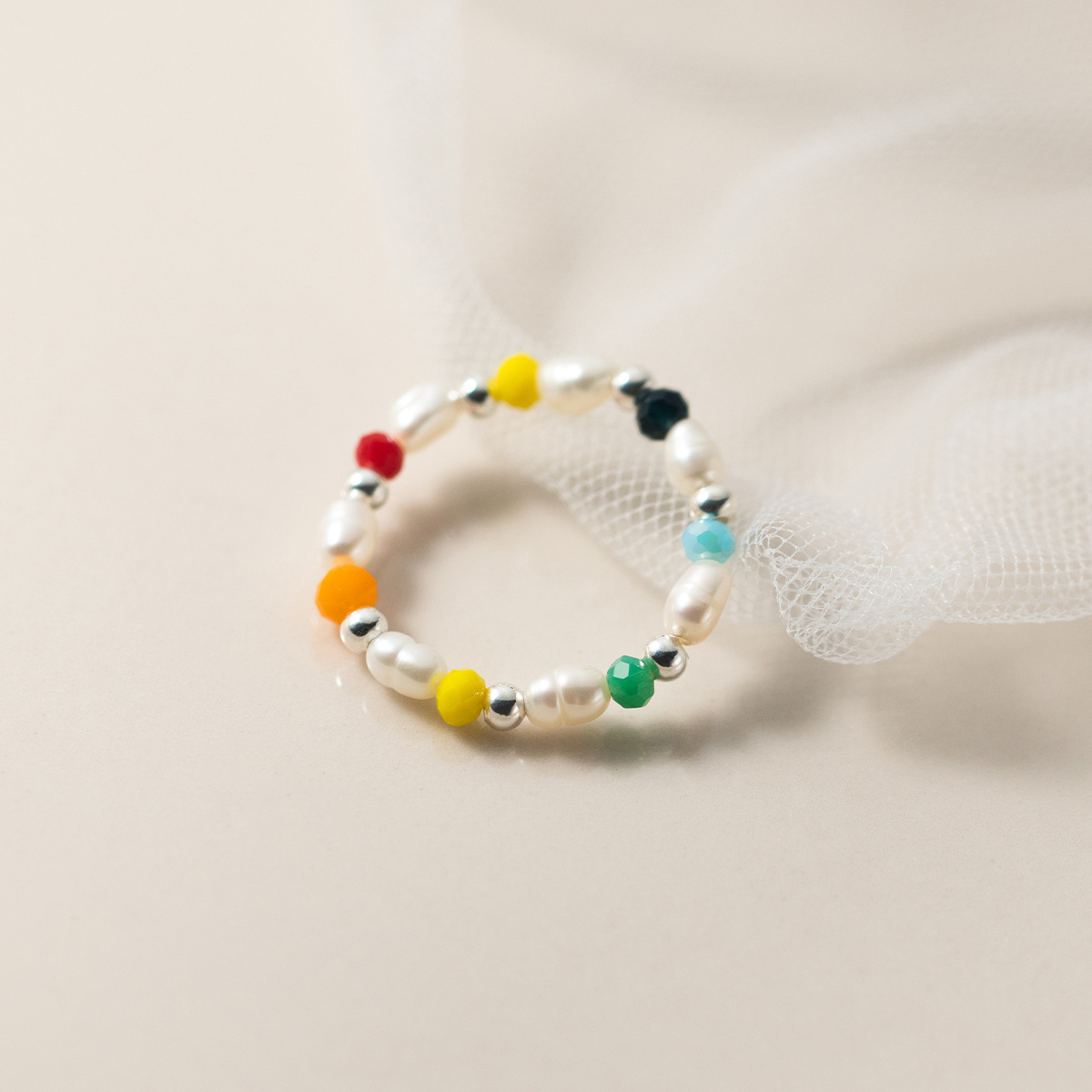 Irregular Pearl Multicolor Synthetic Crystal Elastic Beaded S925 Silver Ring