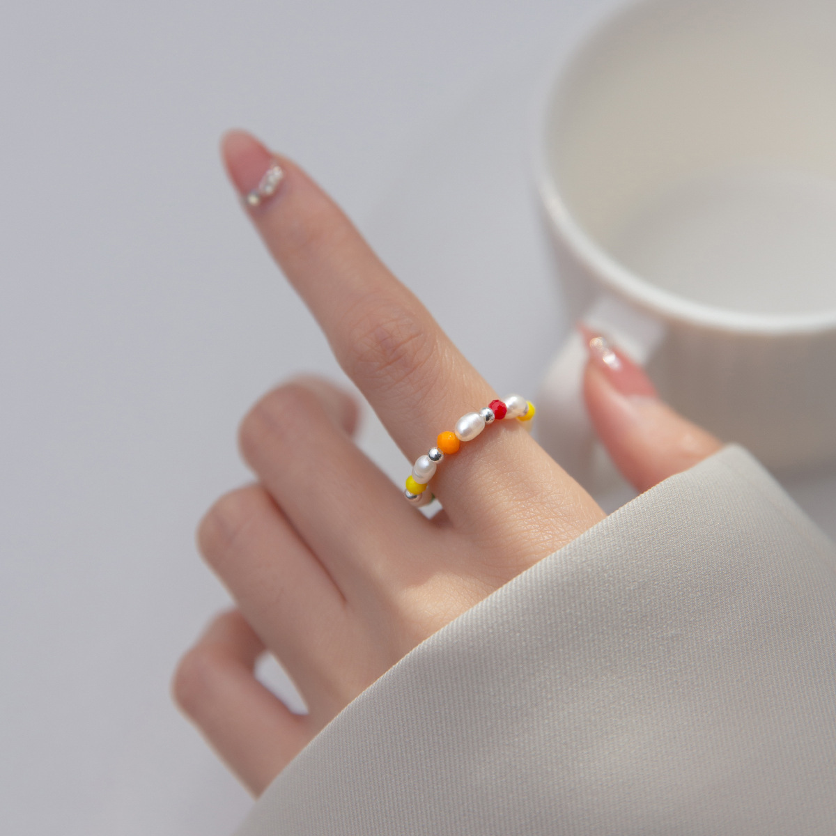 Irregular Pearl Multicolor Synthetic Crystal Elastic Beaded S925 Silver Ring view 2