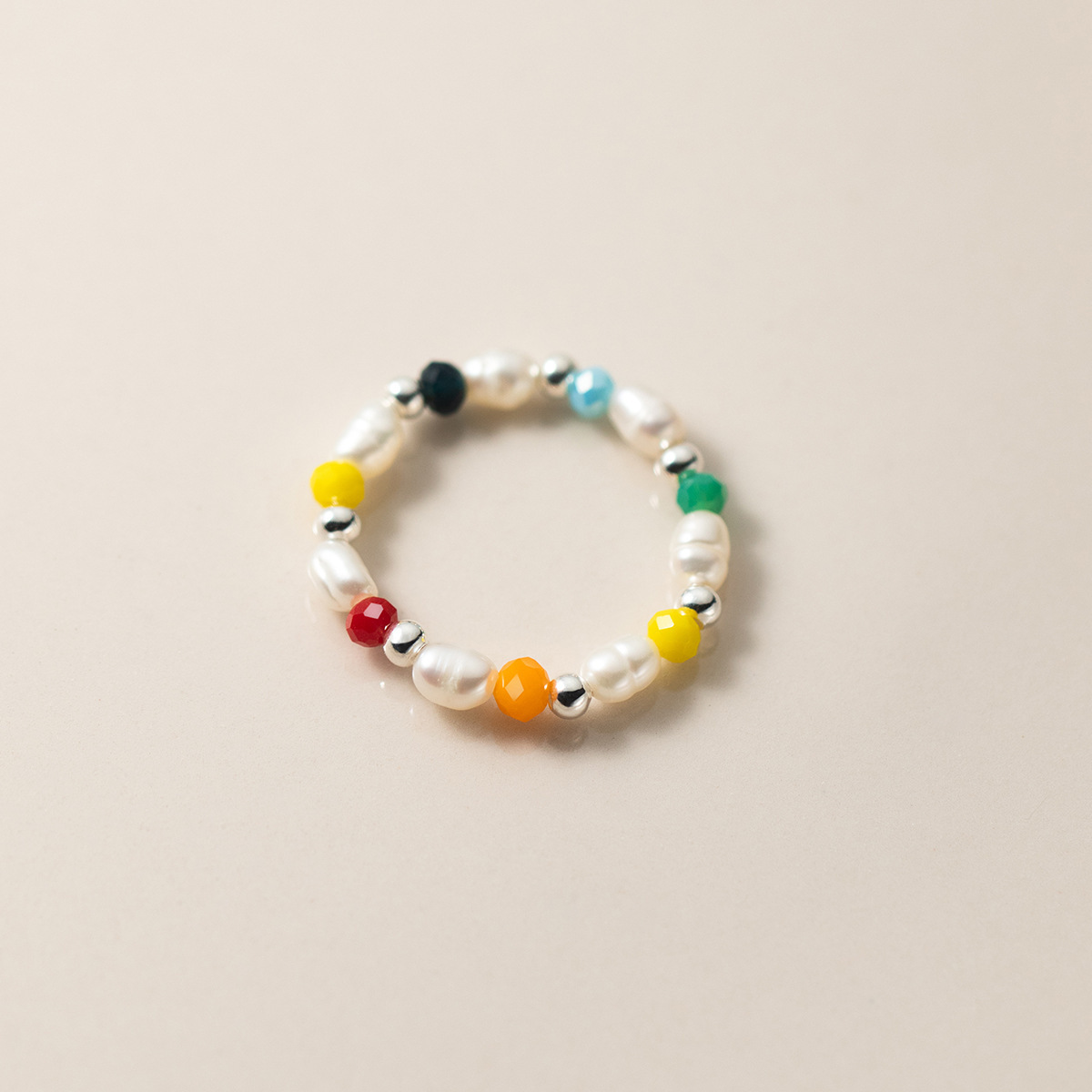 Irregular Pearl Multicolor Synthetic Crystal Elastic Beaded S925 Silver Ring view 3