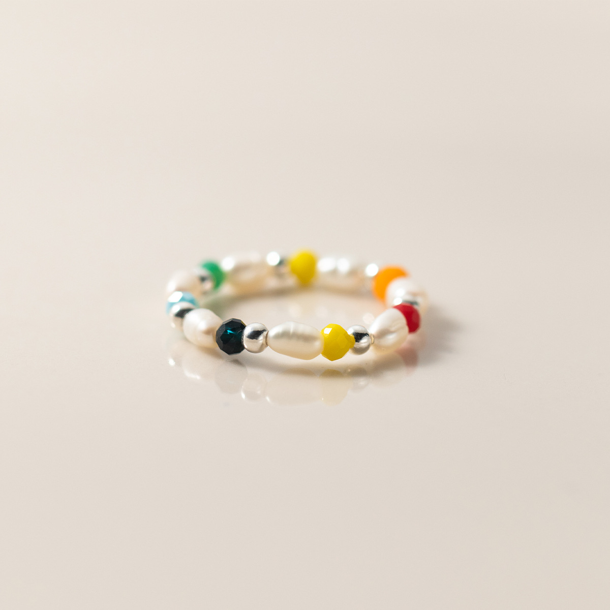 Irregular Pearl Multicolor Synthetic Crystal Elastic Beaded S925 Silver Ring view 5