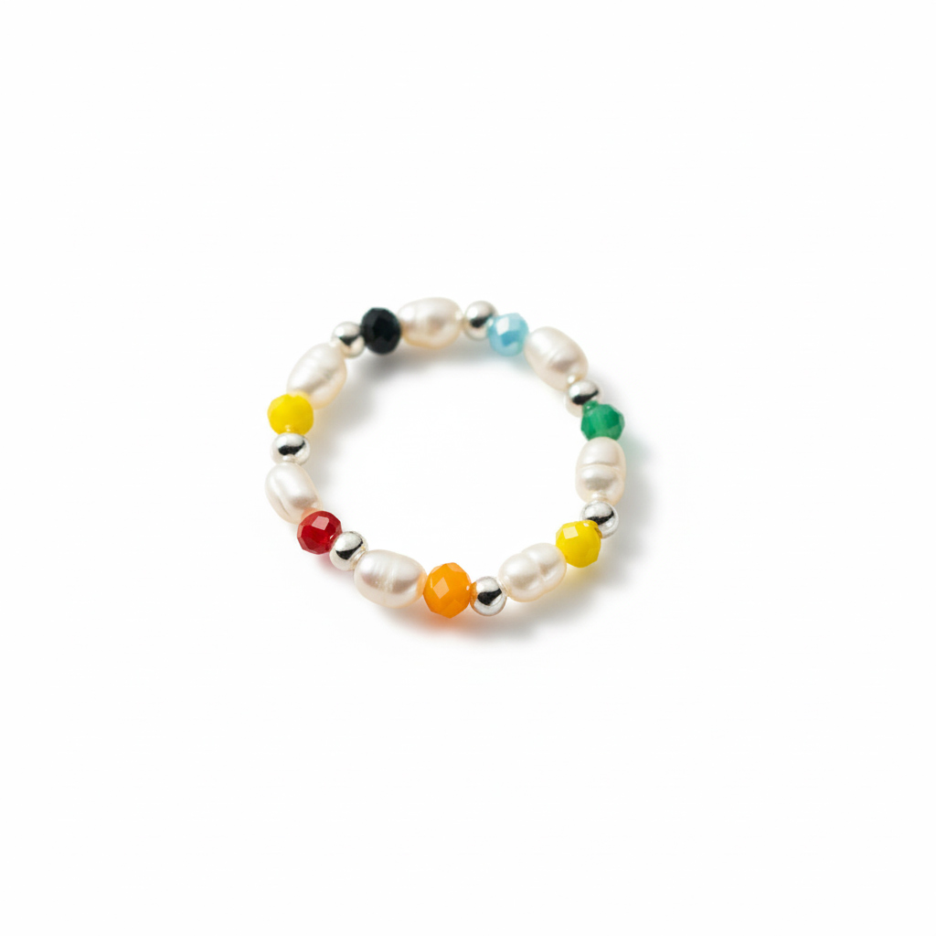Irregular Pearl Multicolor Synthetic Crystal Elastic Beaded S925 Silver Ring view 6