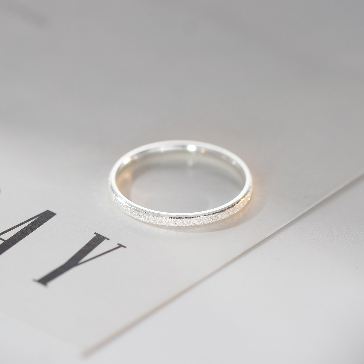 Minimalist Frosted Starry Faceted Carved 990 Fine Silver Slim Band Ring view 3