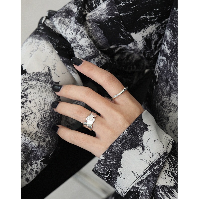 Pure Metal Irregular Textured Geometric Open Adjustable Ring In S925 Sterling Silver With Matte Wavy Wide Band Design For Women Modern Minimalist Fashion Statement Jewelry Gift view 5