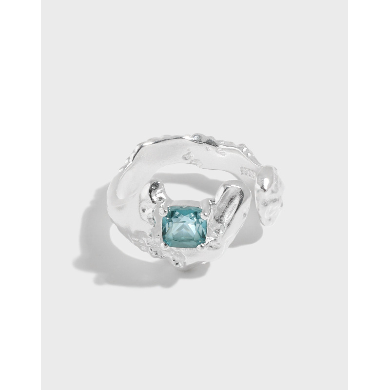 Geometric Design Blue Tourmaline Textured Adjustable S925 Sterling Silver Ring view 2