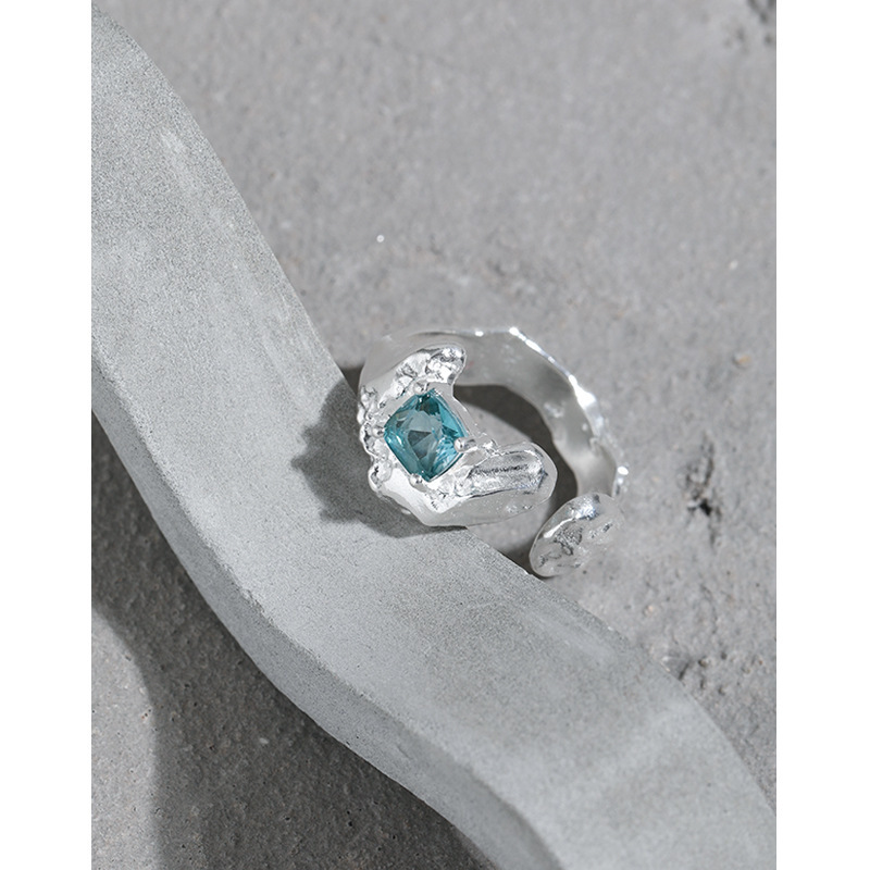 Geometric Design Blue Tourmaline Textured Adjustable S925 Sterling Silver Ring view 3
