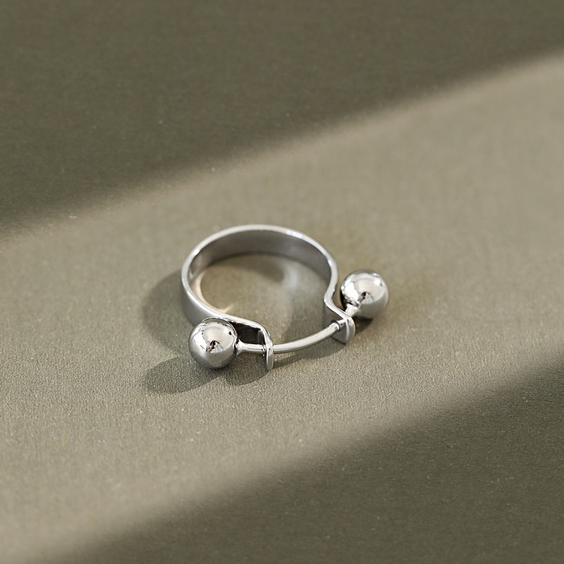 Geometric Double Ball Design 925 Sterling Silver Minimalist Adjustable White Gold Plated Ring view 2
