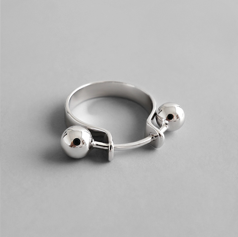 Geometric Double Ball Design 925 Sterling Silver Minimalist Adjustable White Gold Plated Ring view 3