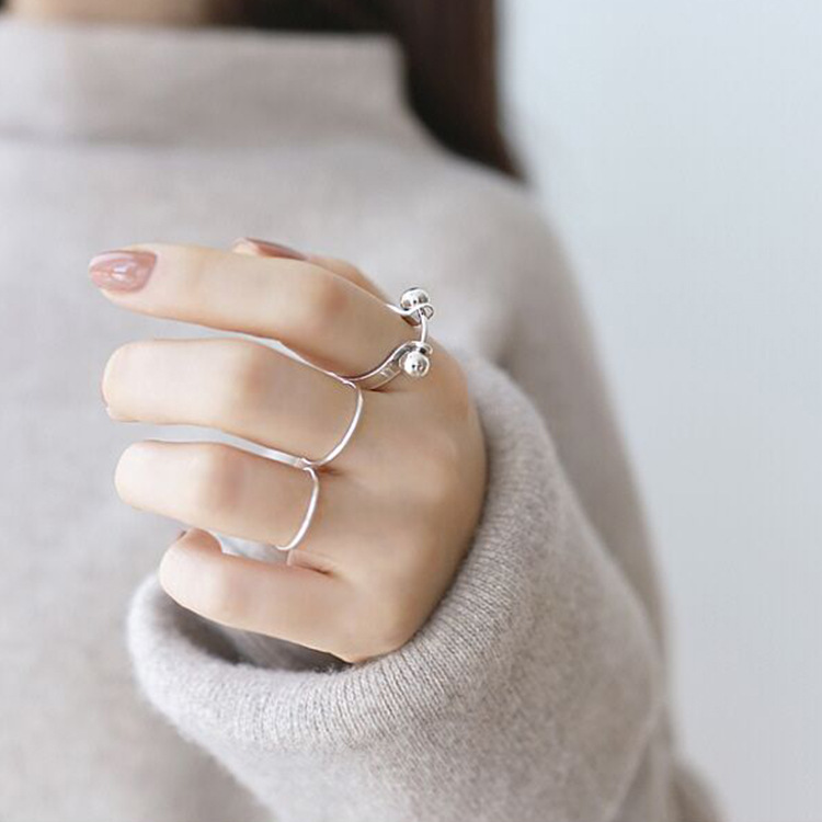 Geometric Double Ball Design 925 Sterling Silver Minimalist Adjustable White Gold Plated Ring view 4
