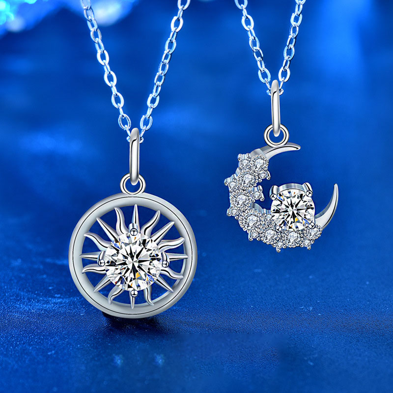 Casual Moissanite Amazing Crystals Crescent Moon Sun 925 Sterling Silver Necklace
