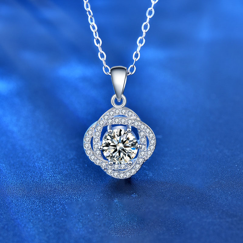 Women Beautiful Moissanite Amazing Crystals Rose Flower 925 Sterling Silver Necklace